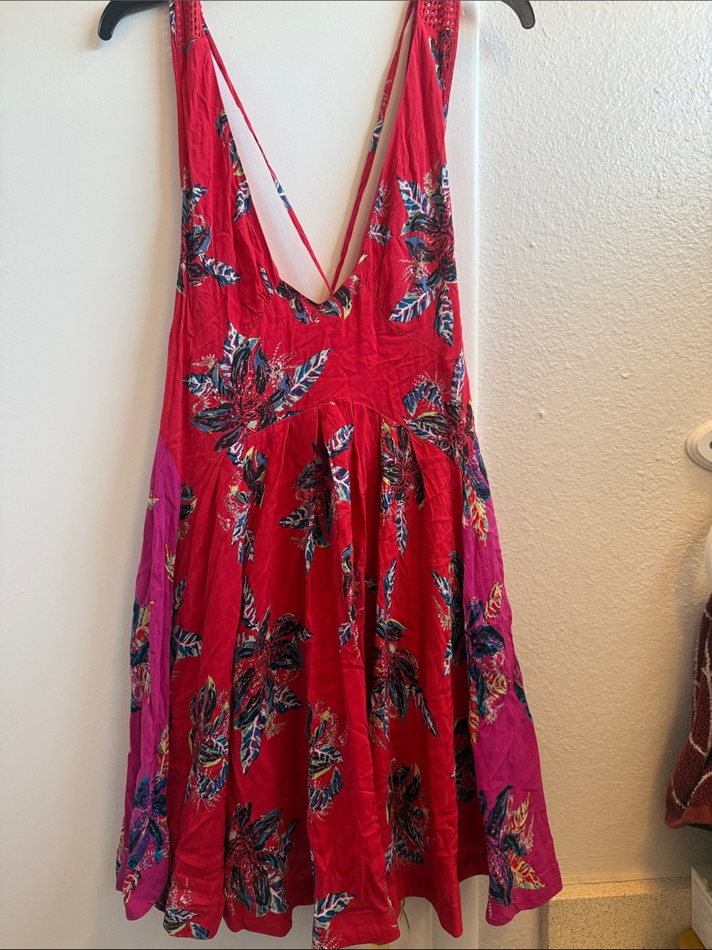 Free People Red Floral Mini Dress with Magenta Panels